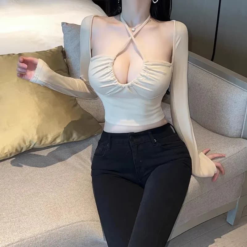 Sexy Spicy Girl Long Sleeve T-Shirt Women's Tight Fit Square Collar Hollow out Hanging Neck Strap Short Style Cotton Polyester