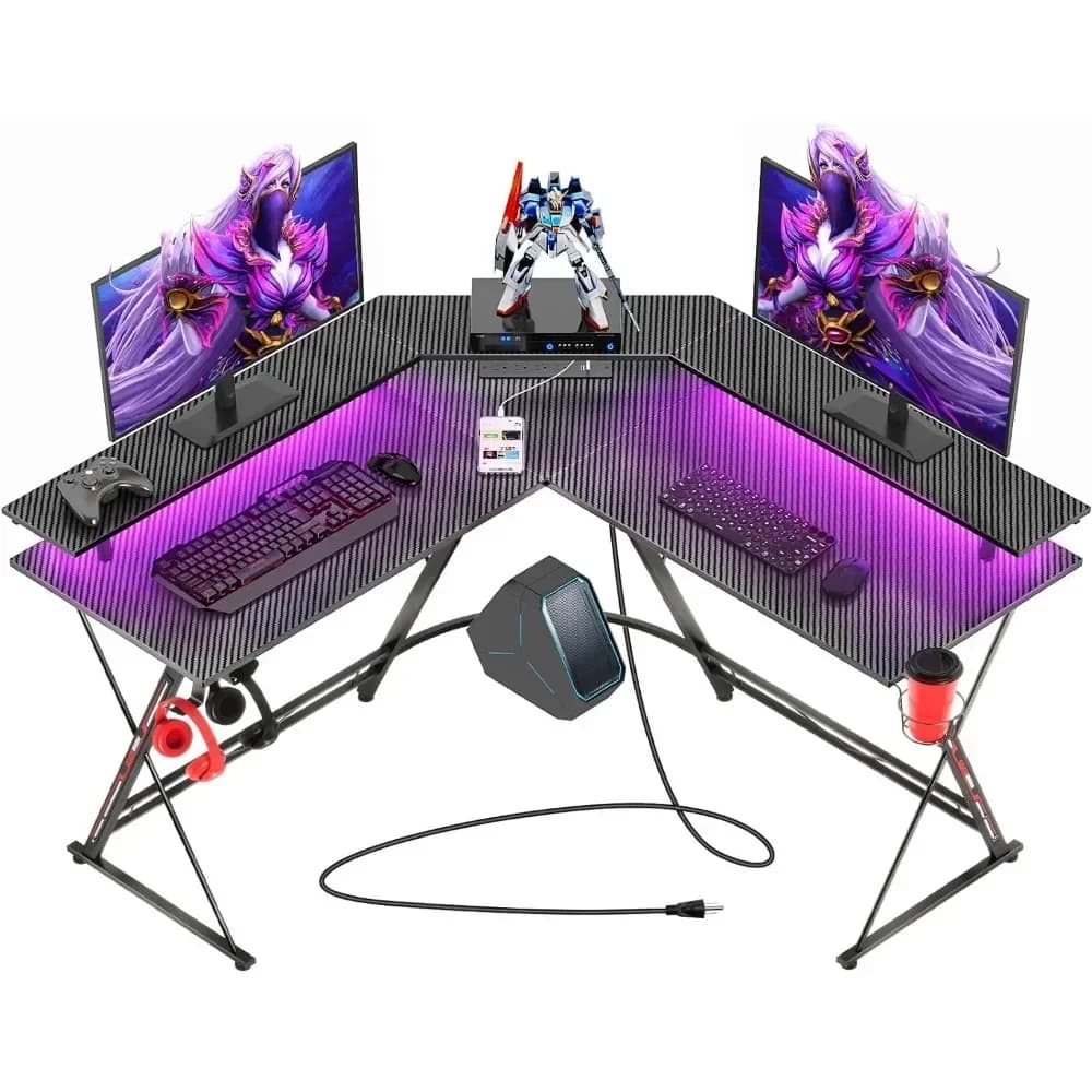 50.4 inch computer desk with monitor and carbon fiber surface L-shaped gaming desk with LED lights and sockets Office desk