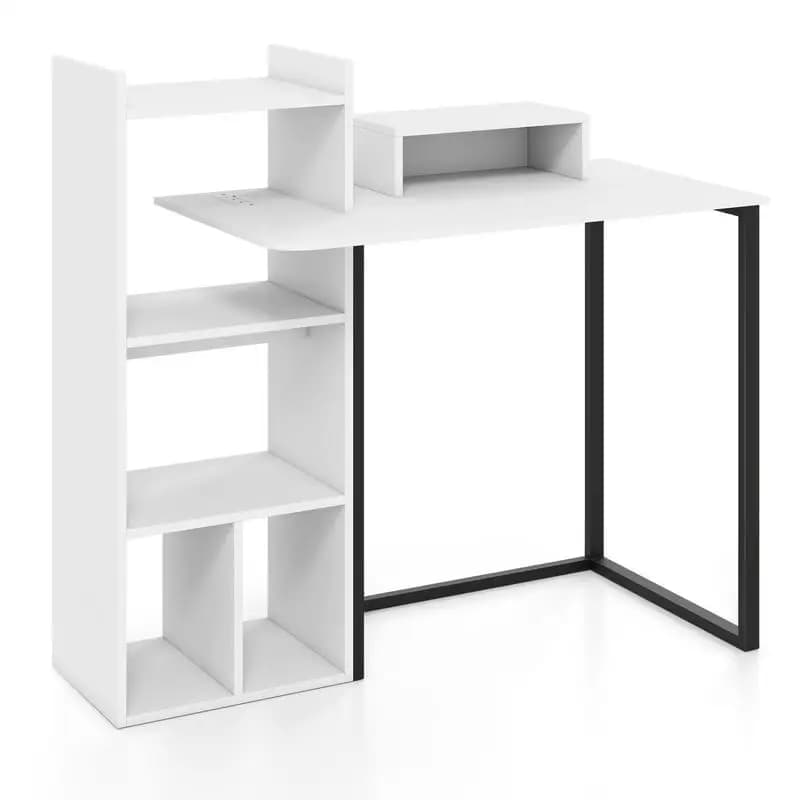 43.5 Inch Computer Desk With Charging Station And Monitor Stand, Metal Frame Home Office Desk With Storage Shelves, Study Table For Bedroom Living Room, White