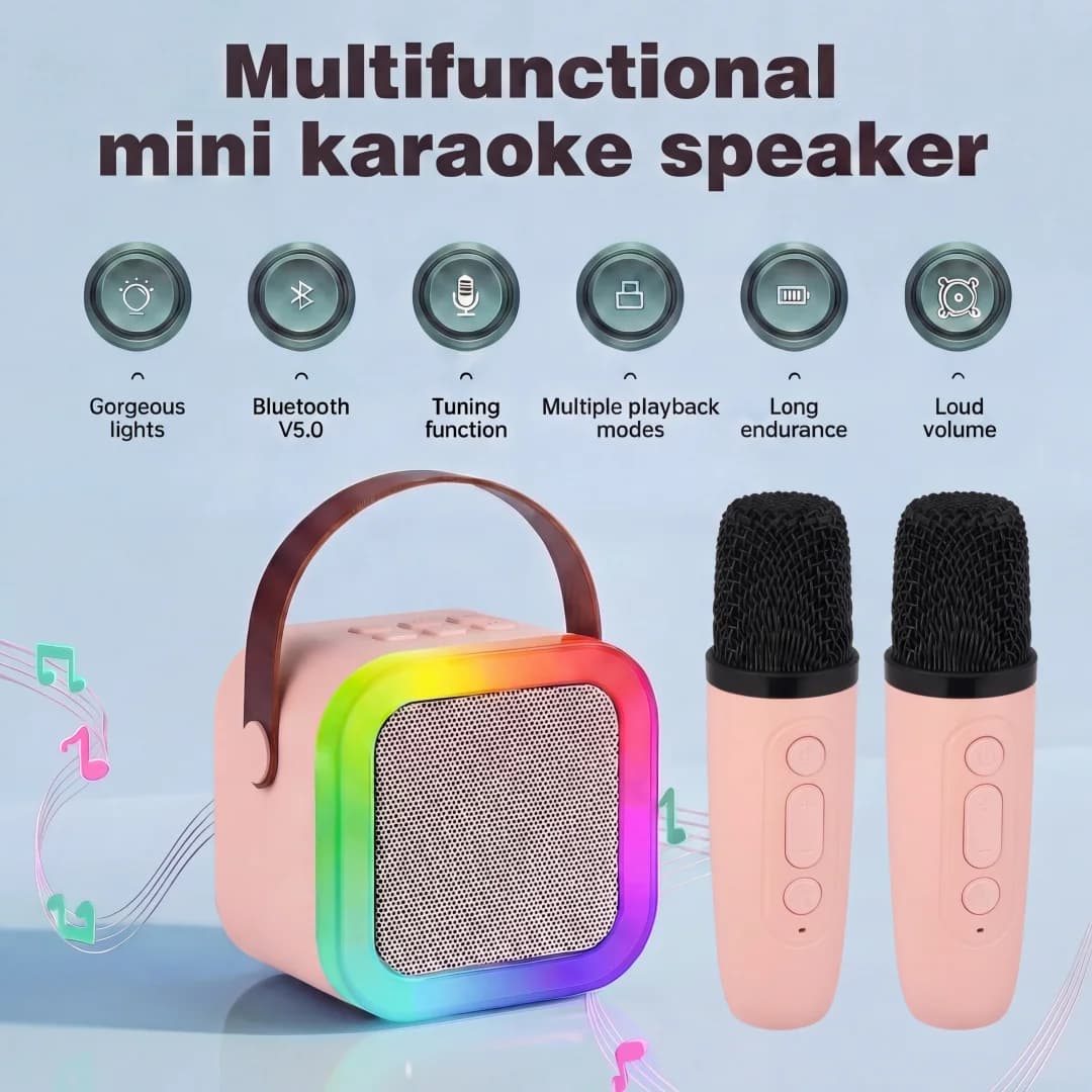 Macchina Karaoke Portatile per Famiglia con Bluetooth 5.0, Doppi Microfoni, Cambio Voce, Luci LED, Supporto USB/TF/AUX per Regali e Feste