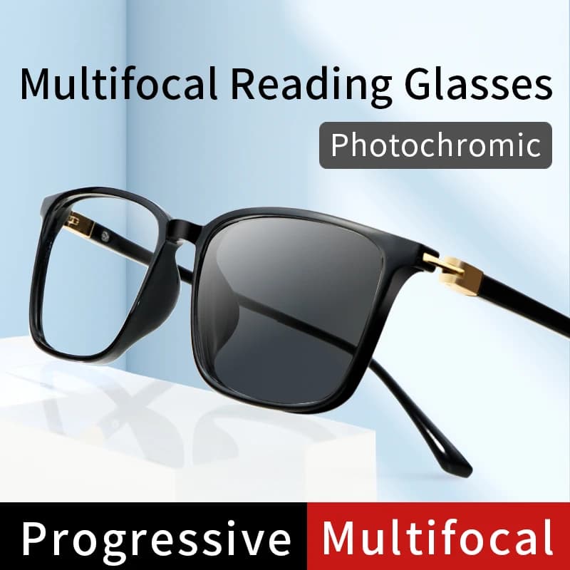 Photochromic Progressive Multifocal Reading Glasses,Square TR90 Frame Lightweight,Anti Eyestrain Magnifying Sunglasses for Men