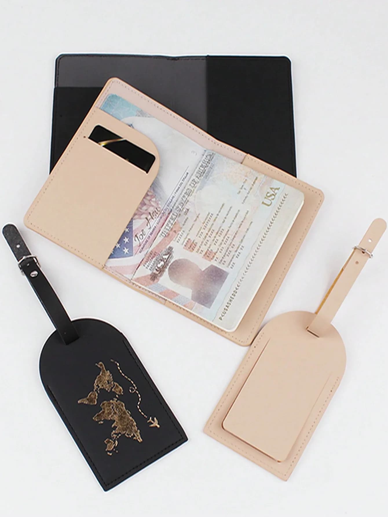 Set da 4 pezzi in pelle PU con mappa del mondo, porta passaporto e etichetta per bagagli, accessori da viaggio