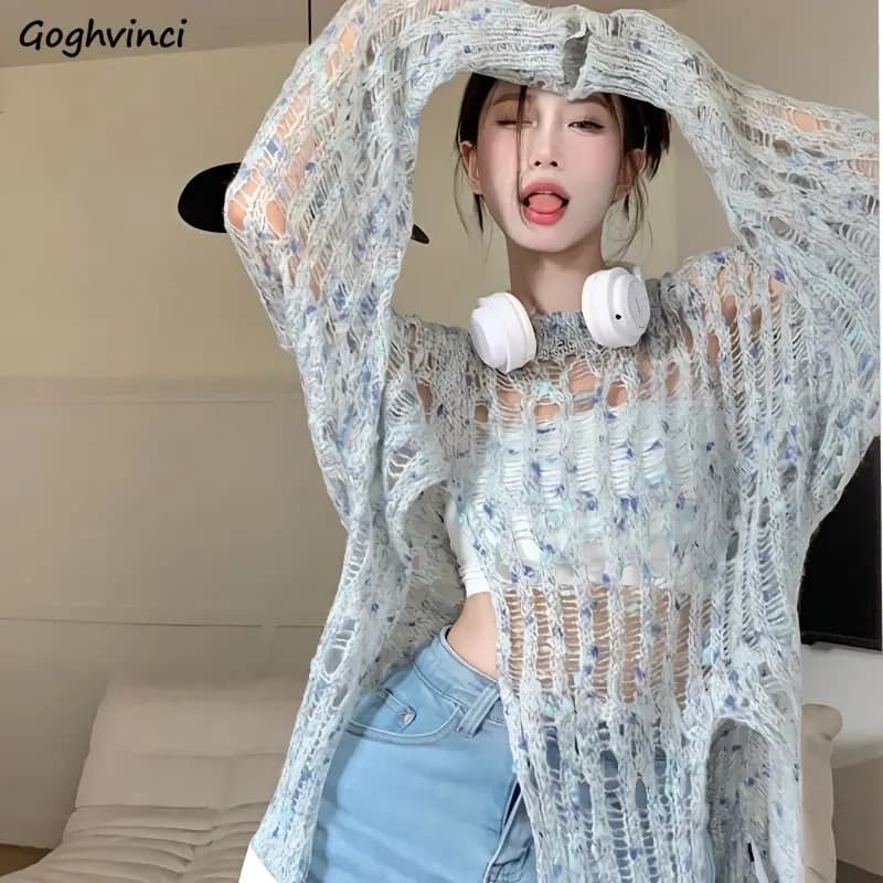 Pullover da donna Baggy con spacco laterale Casual scava fuori Streeetwear a prova di sole Moda Chic Harajuku All-match Stile coreano di lavoro a maglia