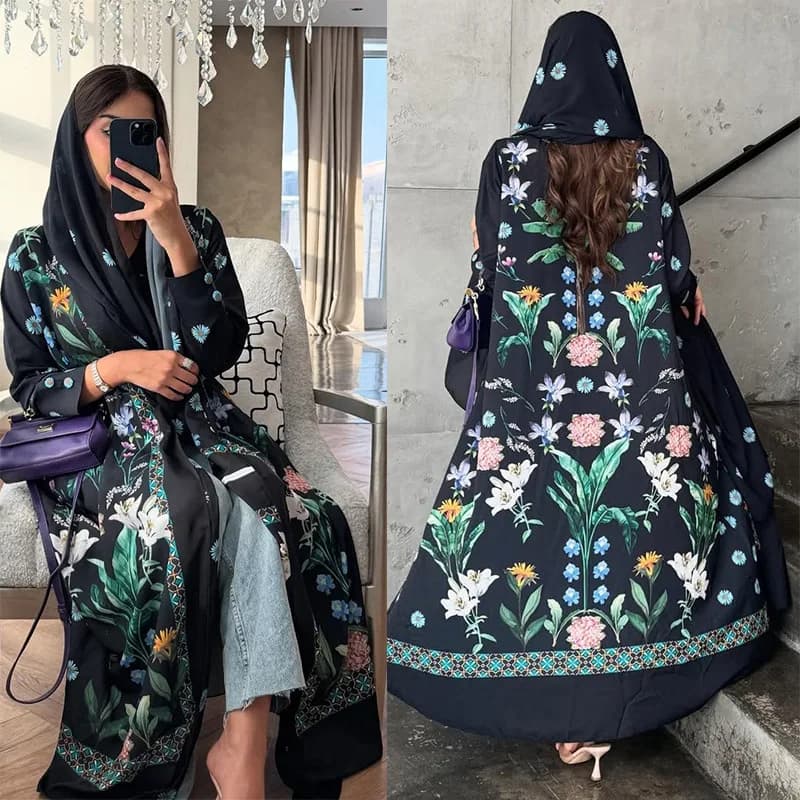 Abito musulmano da donna Abaya aperto modesto stampato digitale Abbigliamento islamico mediorientale Abaya Dubai Cardigan con foulard