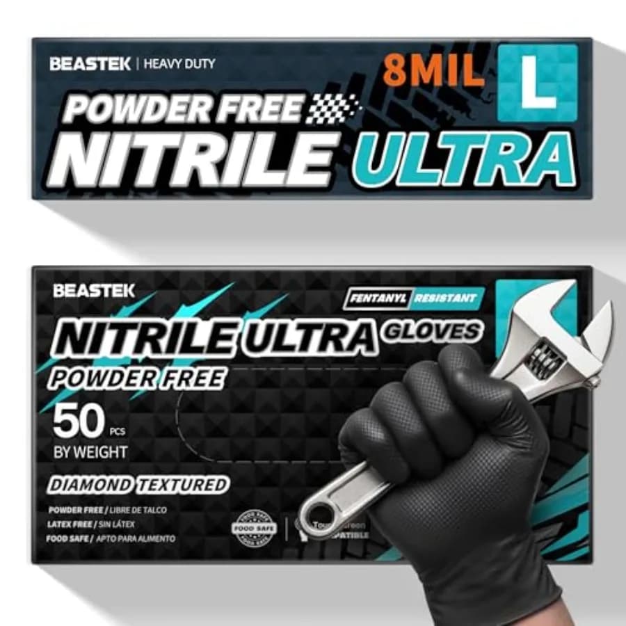 Beastek Nitrile Disposable Gloves, 8Mil Latex and Powder Free Chemical Resistant Heavy Duty Food Safe Diamond Glove Black 50Pcs