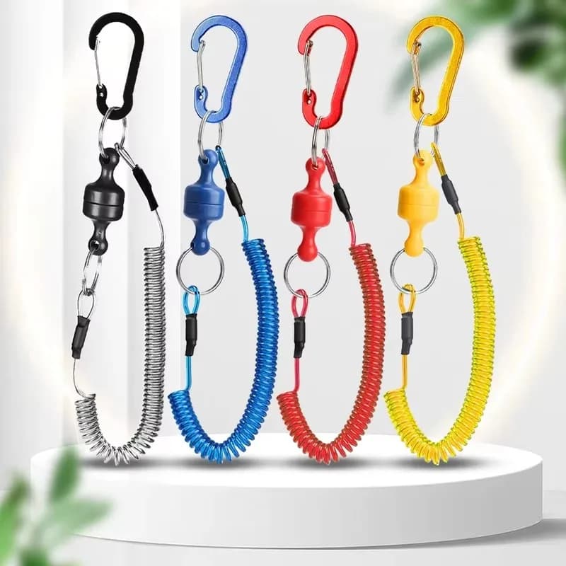1/2pcs Stretch Coil Lanyard Hook Buckle for Fly Fishing Strong Magnetic Release Clip Net Rack with Fishing Tools Coiled Lanyard