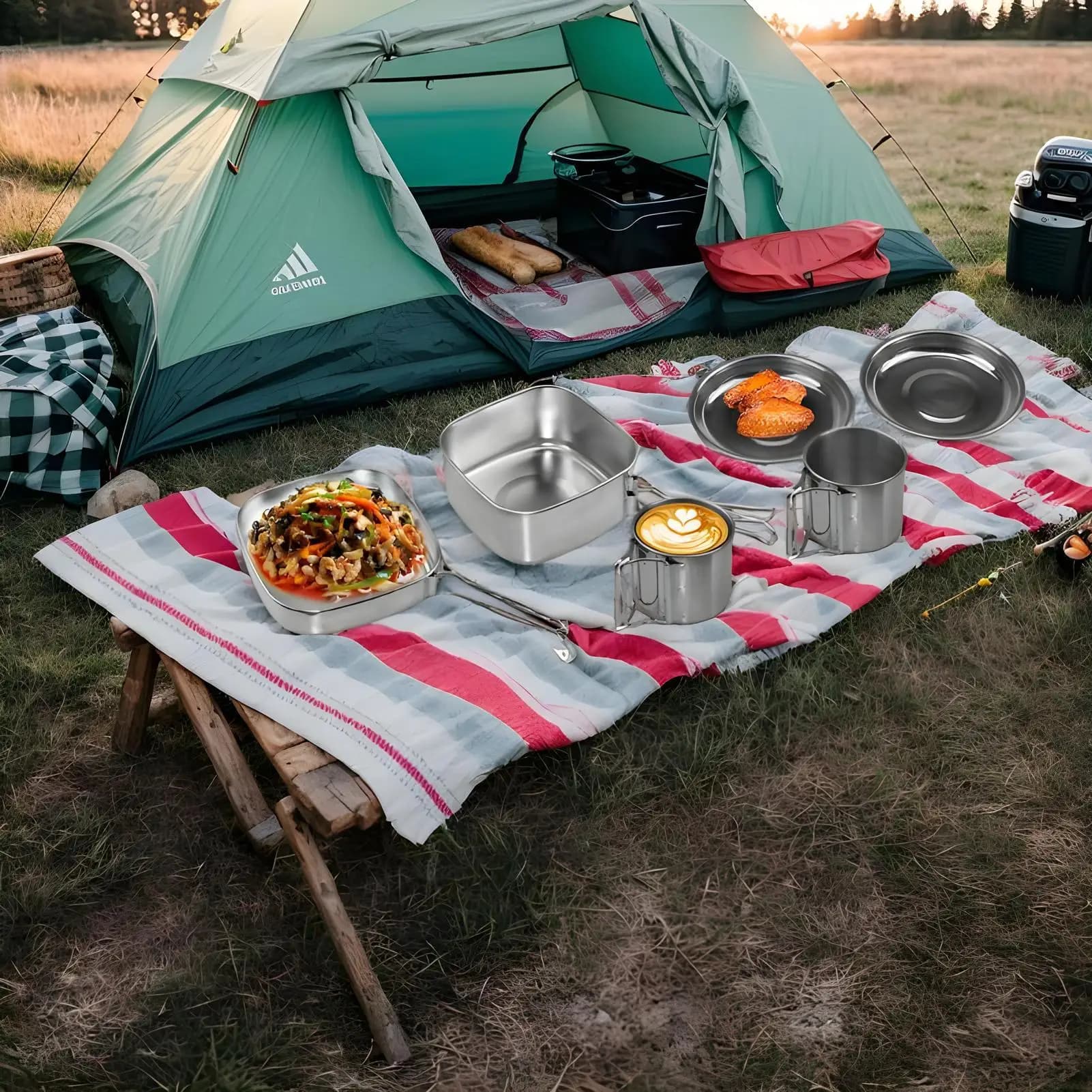 Set di pentole in acciaio inossidabile Cucina da campeggio Padelle Pentole 6 pezzi Stufato Frittura Utensili da cucina portatili per esterni