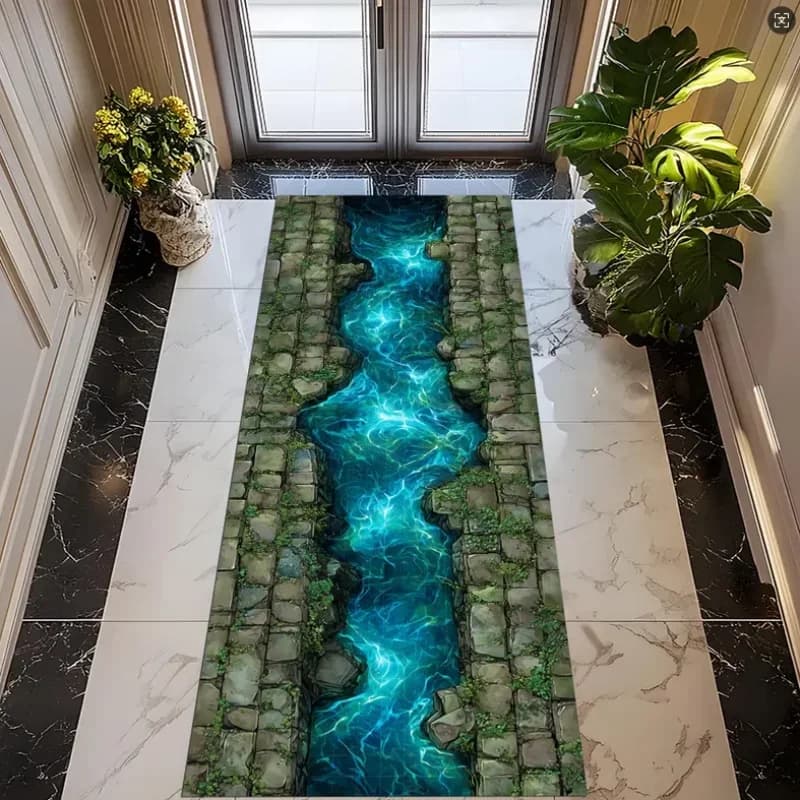Fantasy Nature Home Decor Crystal River Runner Rug Soft Non-Slip Floor Mat Turquoise Water Stream Stone Channel Pattern Carpet