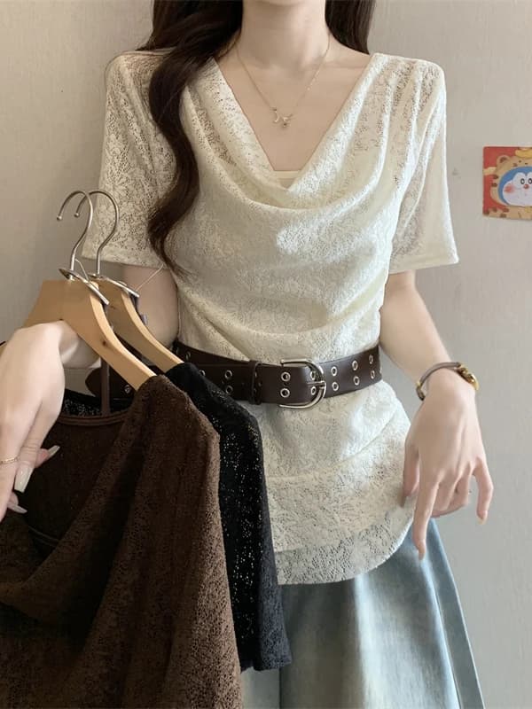 Korean Style Short Sleeve T-Shirt Women's Summer New Slimming V-Neck Lace Design Belted Top Commute Style Pure Color Polyeste...