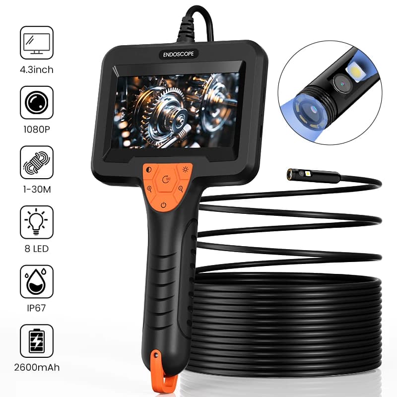 Telecamera Endoscopica Industriale con Lente Singola/Doppia, Schermo IPS da 4.3'', Boroscopio per Ispezione Auto e Tubi, 8 LED, Sonda da 8MM, Impermeabile, Batteria da 2600mAh