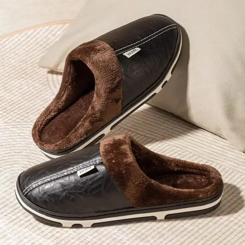 Men's Big Size Winter slippers Indoor PU Leather Home Waterproof Fluffy Casual Slides Men Bedroom Comfy Shoes Houseshoes