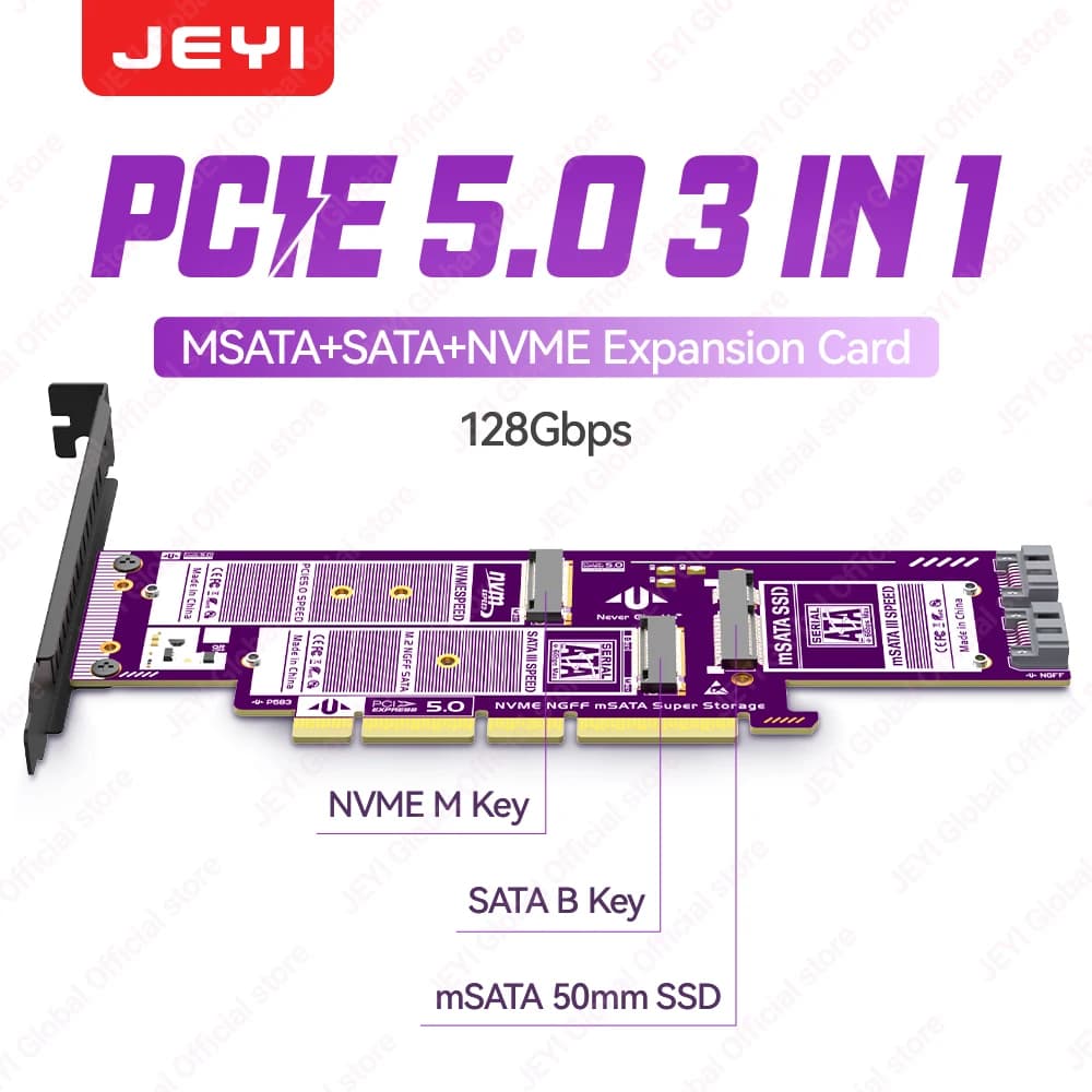 JEYI Scheda Adattatore Tripla M.2 NVMe a PCIe/M.2 SATA SSD a SATA III/mSATA a SATA per SSD NVMe NGFF e mSATA per Slot PCIe X4 X8 X16