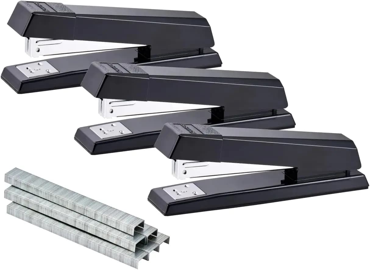 Cucitrice da Scrivania Premium, a Striscia Intera, Nera, 1.250 Graffette Incluse, Confezione da 3