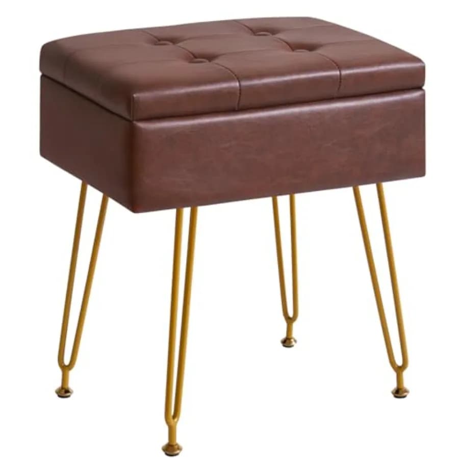 Sgabello Multifunzionale con Vano Portaoggetti, Piano Ribaltabile, Gambe Regolabili in Metallo e Pelle PU 40x30x48cm, Poggiapiedi Ottoman per Ma