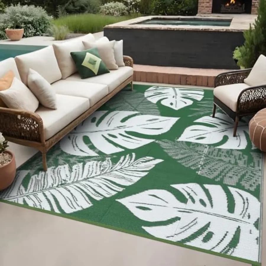 Tappeto da esterno per patio, tappeto pieghevole impermeabile in paglia di plastica, stampa foglie verdi/bianche, tappetino leggero reversibile per picnic, barbecue