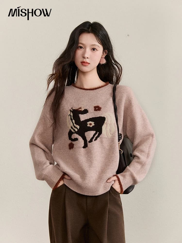 Maglione da Donna MISHOW con Motivo a Cavallo, Maglione Invernale a Collo Tondo, Colletto e Polsini con Inserti in Finta Pelliccia di Visone MXE94Z2863