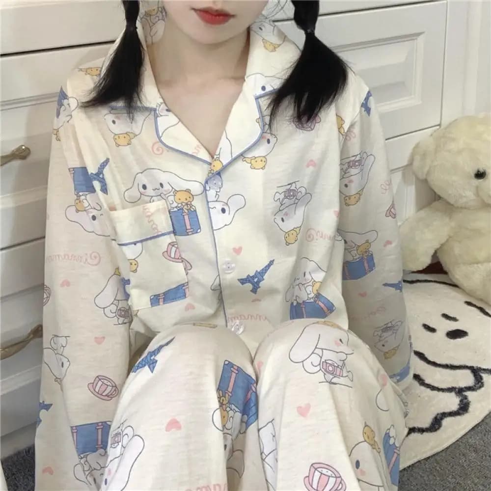 Sanrio Kawaii Cinnamoroll Hello Kitty 2 pezzi Pigiama Set Anime per le donne Kt Cat Top a maniche lunghe Pantaloni Pigiama Homewear Dolce