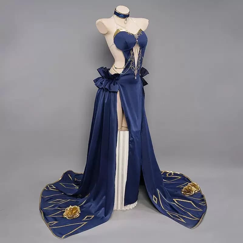Code Geass Chess Banquet Cosplay Costume Black Evening Gown with Gold Trim Wig Full Set for Women Halloween Party