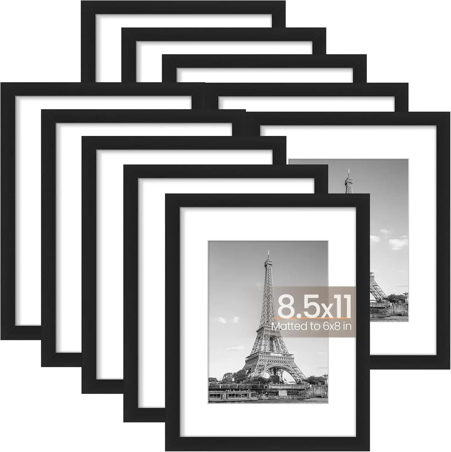 8.5x11 Picture Frame Set of 10, Display Pictures 6x8 with Mat or 8.5x11 Without, Multi Photo Frames Collage for Wall o
