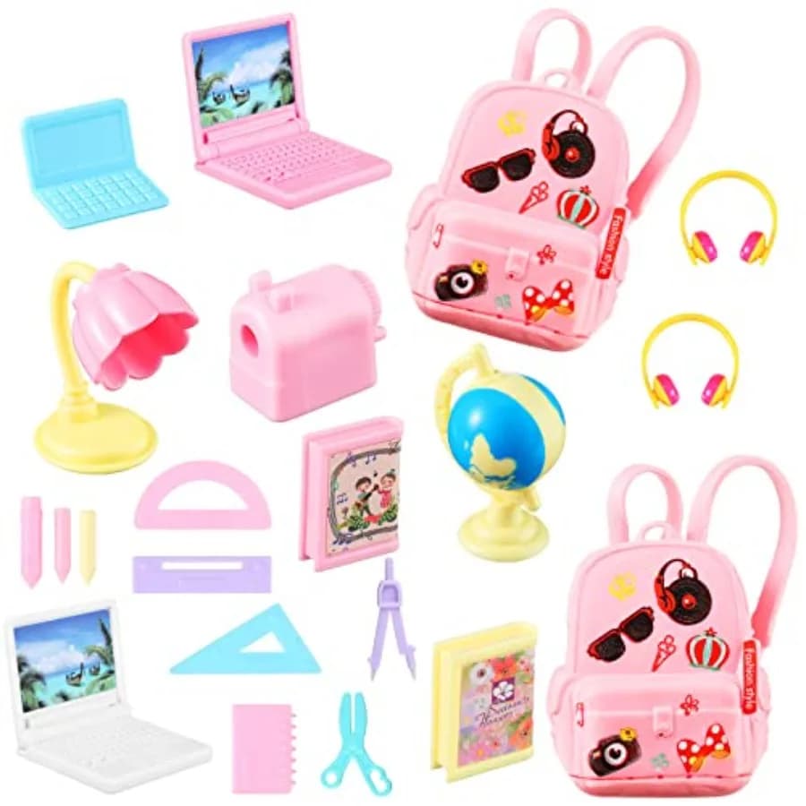 21 Pieces Doll School Stuff Mini School Supplies Doll School Accessories School Playset for Dolls Mini Pink Doll Backpack Desk