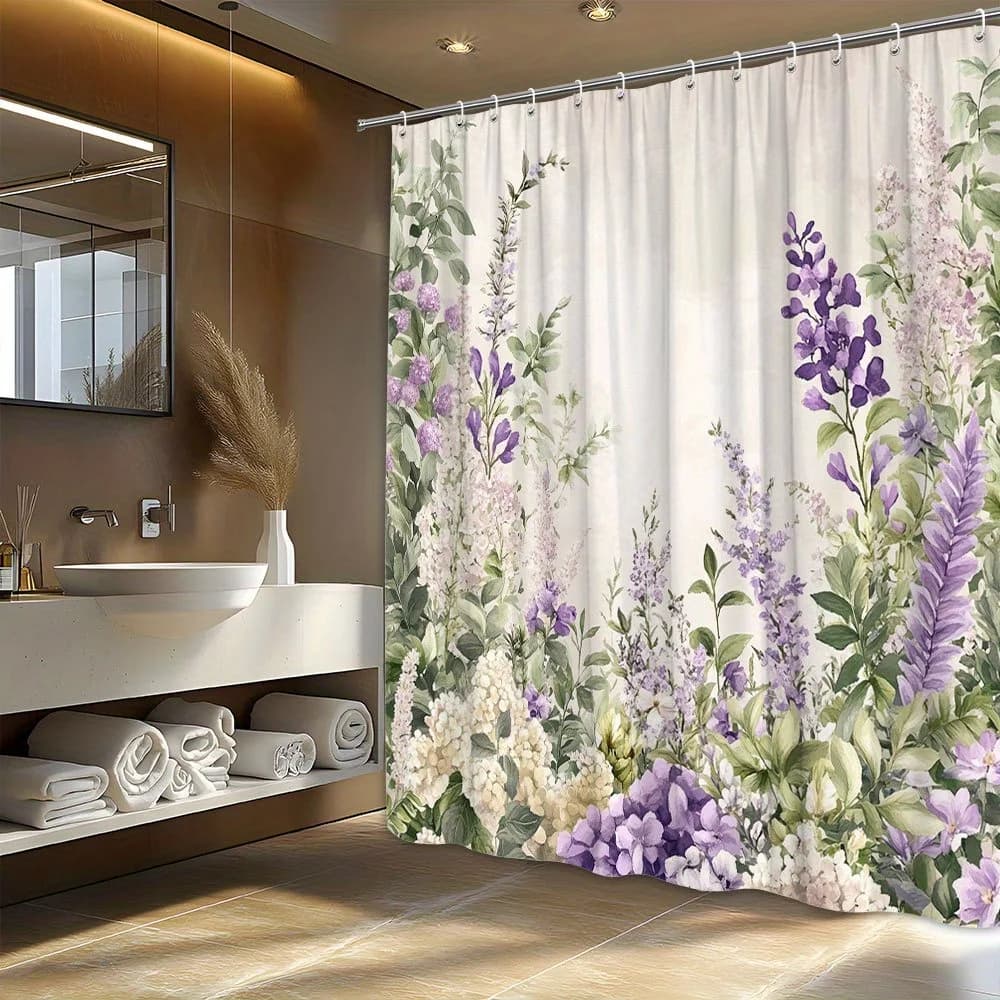 Tenda da doccia floreale primaverile seriale da 1 pezzo: ortensie lavanda, lilla bianchi e guanti volpe viola, sfondo beige, poliestere resistente