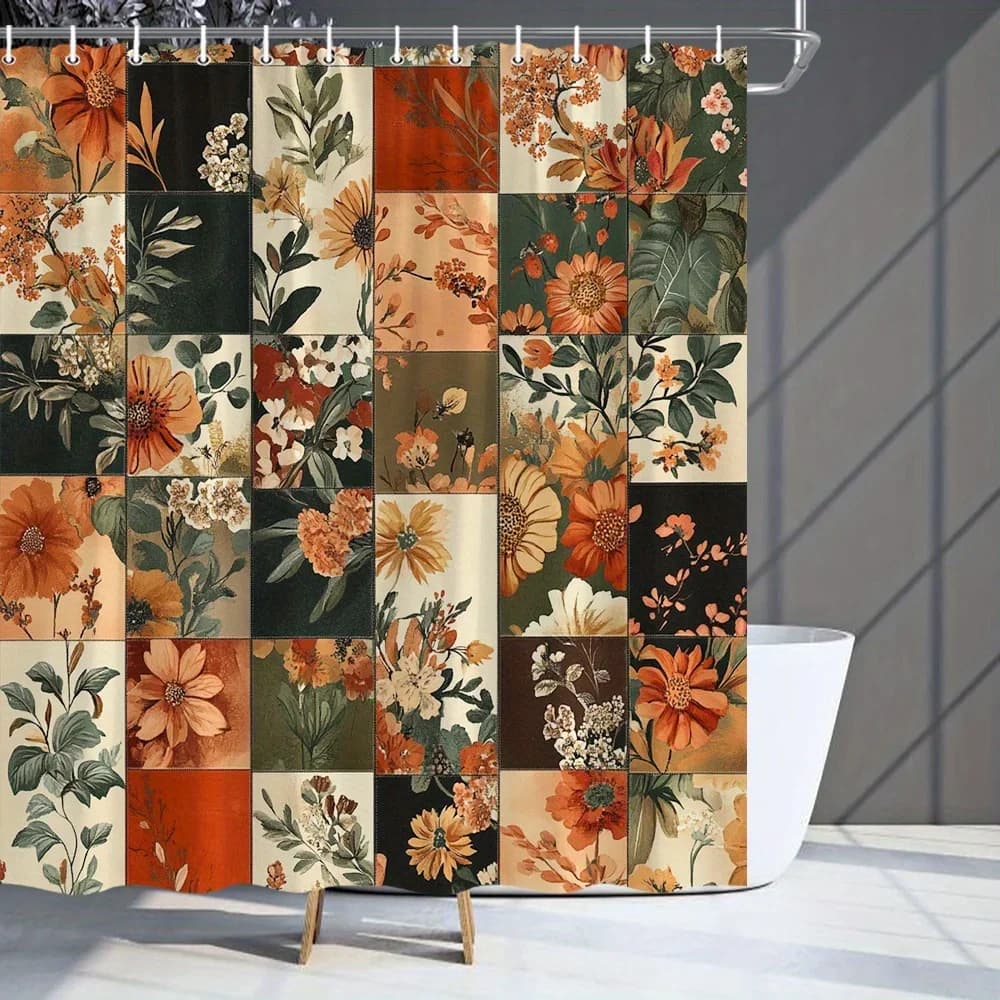 Tenda da doccia patchwork floreale vintage - Elegante tessuto in poliestere con toni autunnali e motivi botanici, lavabile a mano
