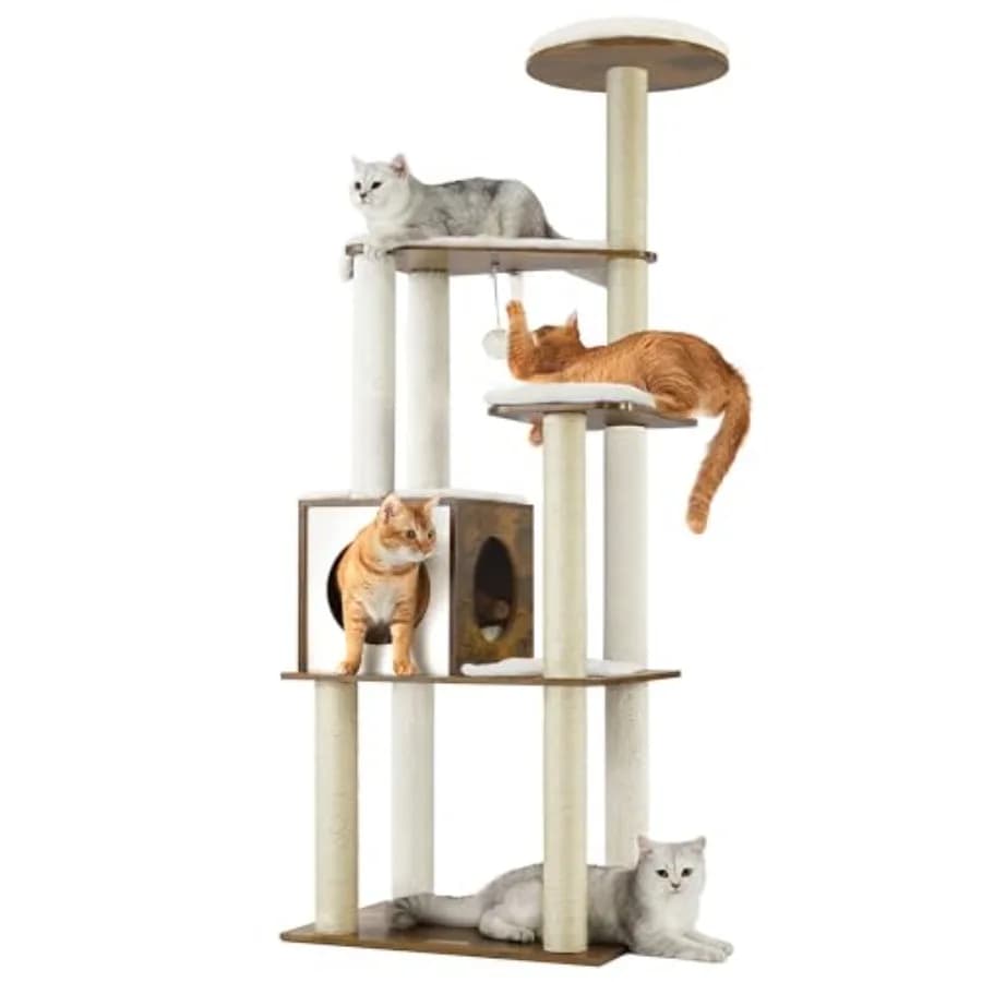 Albero per Gatti Moderno da 64,6 Pollici con 5 Tiragraffi, Cuccia, Cuscini Lavabili e Rimovibili, Marrone Rustico, Condo Multilivello per Gatti