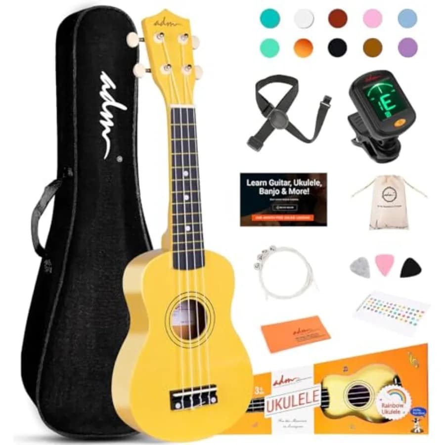 Kit Ukulele Hawaiano in Legno per Principianti Adulti, Set Iniziale con Lezioni Gratuite, Borsa, Tracolla, Corde in Nylon, Accordatore, Baby Yello