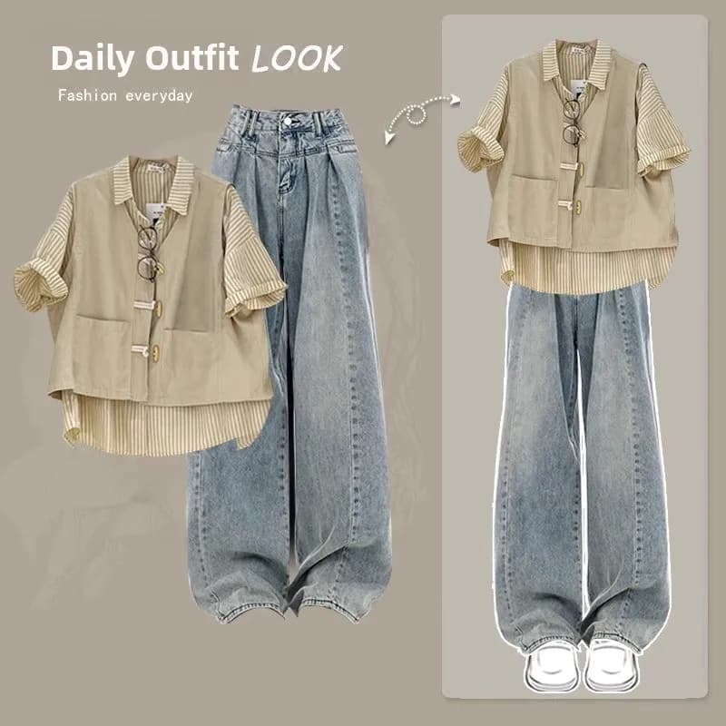 Completo Estivo alla Moda per Donna, Set Casual Coreano con Camicia a Righe, Gilet e Jeans a Gamba Larga, Outfit in Denim Tre Pezzi