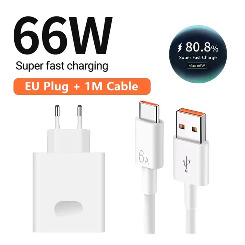 Quick 66W Quick Charge 3.0 Wall Adapter with EU/US Plug USB Type C 6A cable for Huawei Mate 50 60 Nova 10 Honor 100