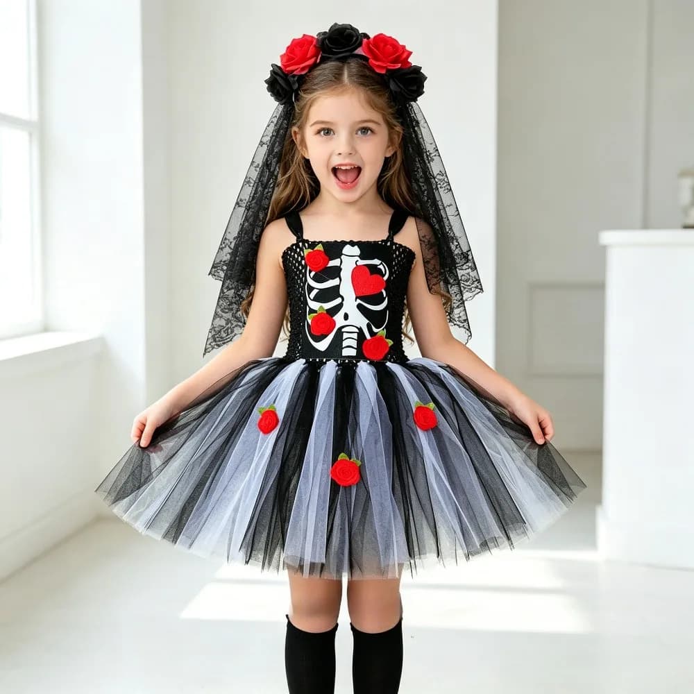 Costume da Scheletro per Bambine, Vestito Tutu Spaventoso da Fantasma o Sposa Caduta per Halloween, Abito per Feste in Maschera e Carnevale