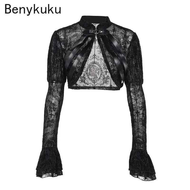 Lace Mesh Flared Long Sleeve Shrug Vintage Black See Through Cover-ups Coat Gothic Crop Top Sexy Y2K Goth Clothes Bolero Tops