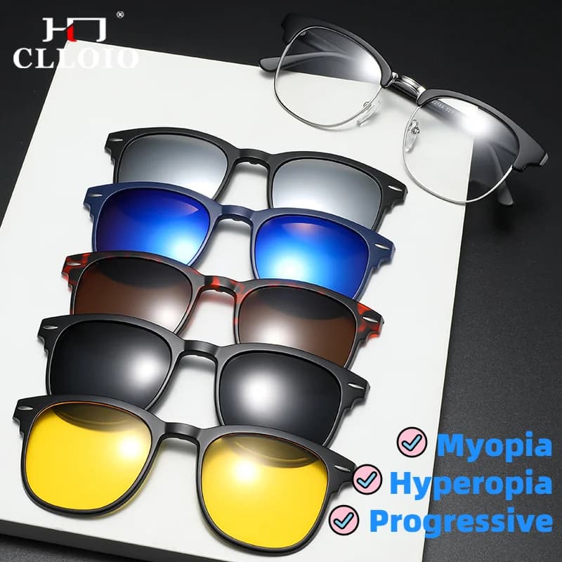 CLLOIO Moda 6 in 1 Occhiali da sole quadrati da uomo per la sicurezza di guida Occhiali da sole polarizzati Clip magnetica su occhiali da lettura con prescrizione ottica per miopia