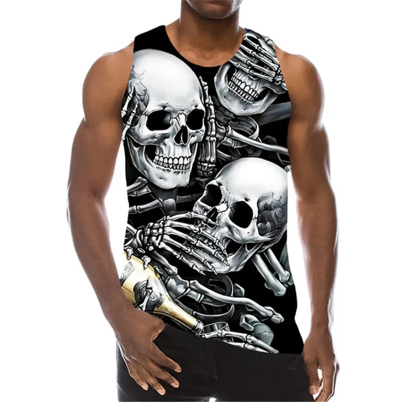 3D Skull Tank For Men's Summer Street Horror Skeleton Man Vest Sleeveless Round-Neck Plus Size Tops 6XL Sports Tank