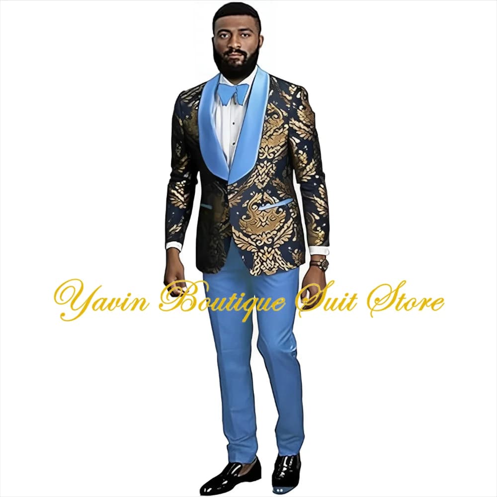 Abiti da uomo floreali dorati Blazer Smoking da sposo per matrimonio Set da 2 pezzi Abito da festa formale Elegante abito da uomo jacquard