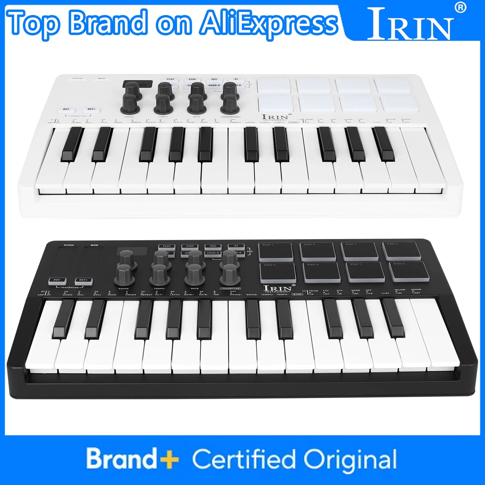 Tastiera MIDI IRIN SMK-25 a 25 Tasti con 8 Pad per Batteria RGB, Controller Mini Tastiera con Pad RGB