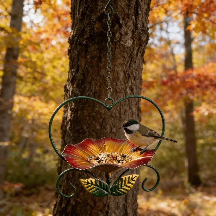 【Nuovo stile】 Mangiatoia per uccelli sospesa in metallo a forma di cuore e fiore, vasca per uccelli da esterno, vassoio per semi per decorazioni da giardino e cortile