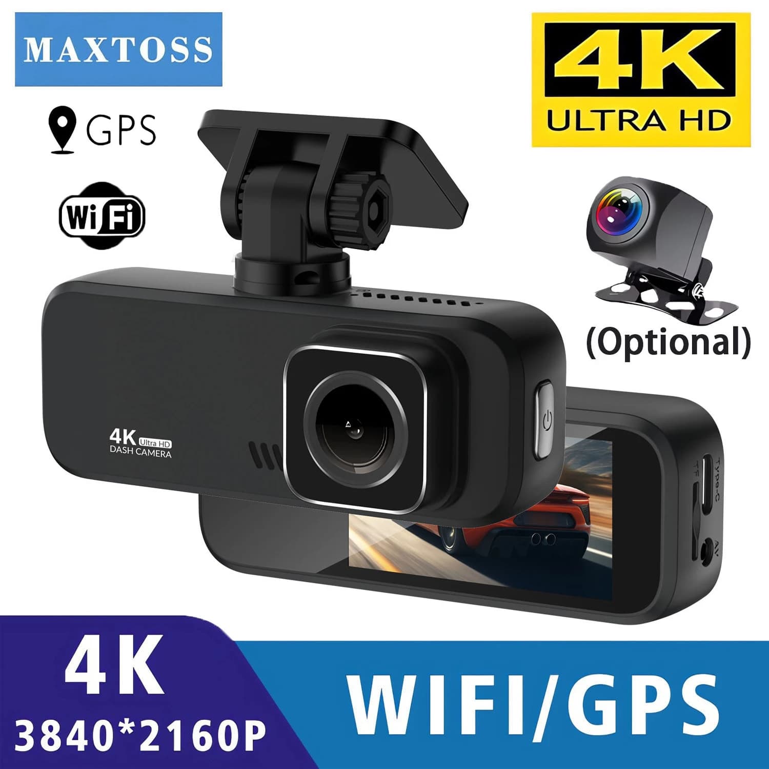 Dash Cam 4K 2160P UHD Recording Car Camera DVR Night Vision Video Recorder Built-In Wi-Fi Support GPS 24H Parking Black Box