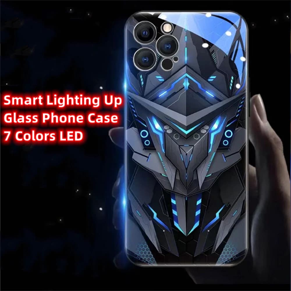 Luxury Prime Mech Pattern Luminous Glass LED Call Light Up Flash Phone Case For iPhone Air 17 16 E 15 14 13 12 11 Pro Max Plus