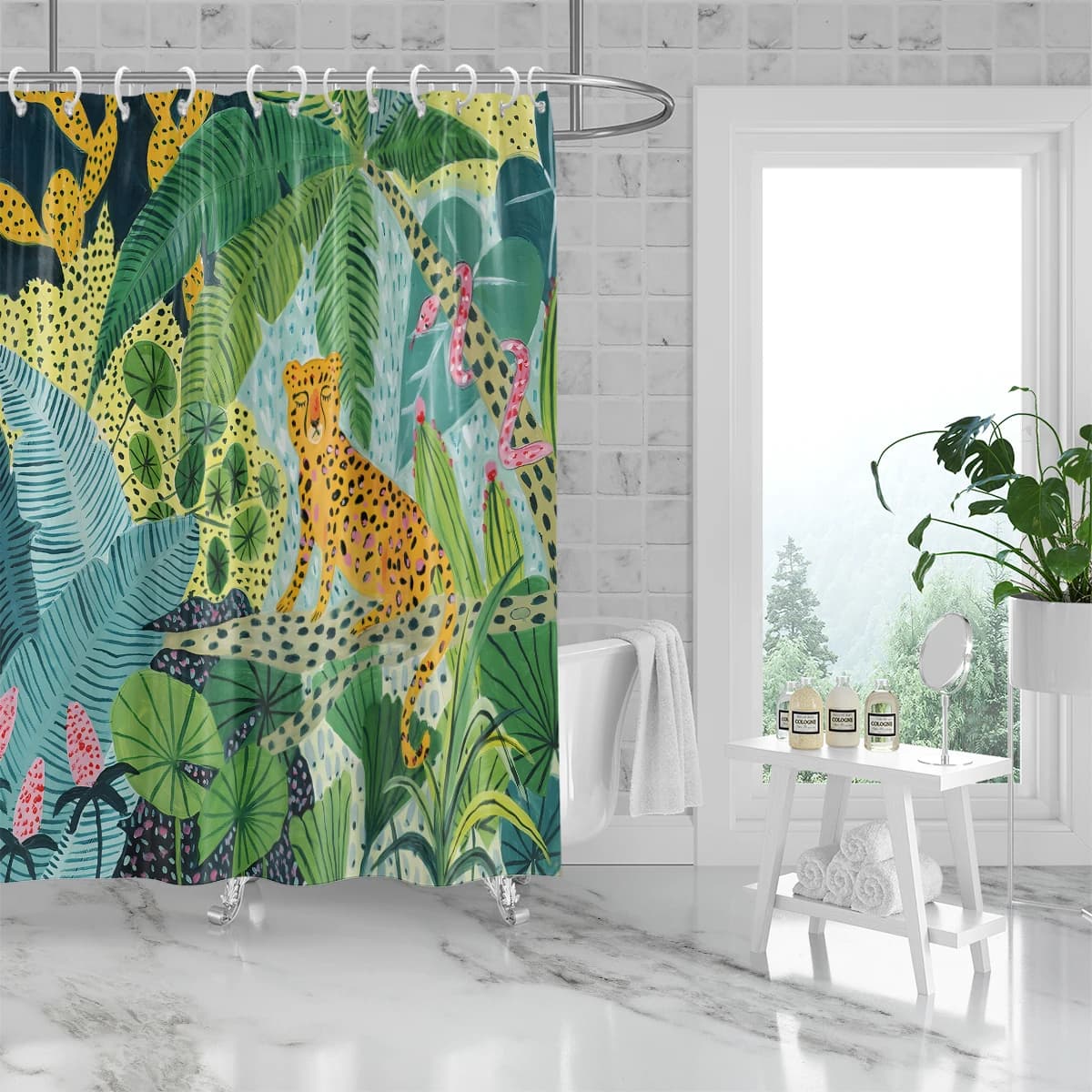 1PCJungle printed shower curtain, waterproof, with 12 hooks, suitable for bathroom shower, home use
