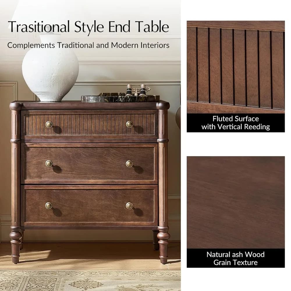 28" Traditional Fluted Wood End Table Charging Station Drawers Solid Spindle Legs Bedroom Side Table, Custom