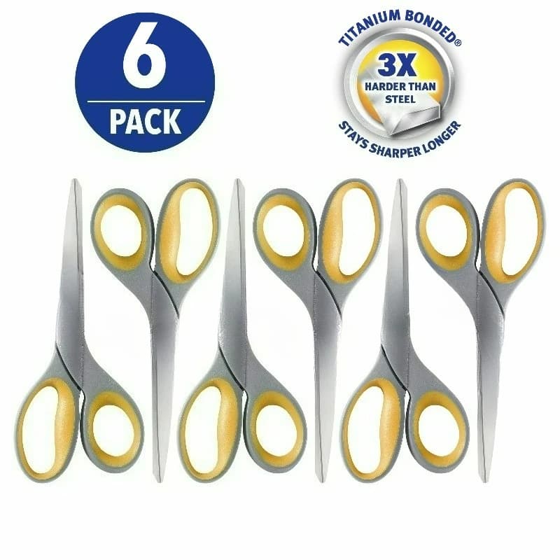 Titanium 7-Inch Straight Scissors, Gray/Yellow, Office Use, 6 Pack