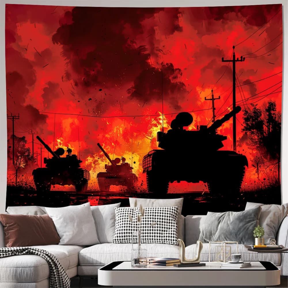 Tapestry Military Tank War Apocalypse Red Grunge Battlefield Wall Hanging Art Decoration Combat Vehicle Army Style Decor