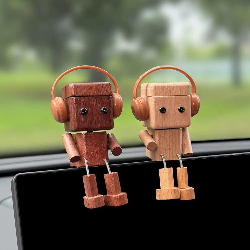 Wood Robot Car Ornament Cute Headphone Robot Aromatherapy Diffuser Spring Legs Dashboard Decor For Car, Office Desk & Gift