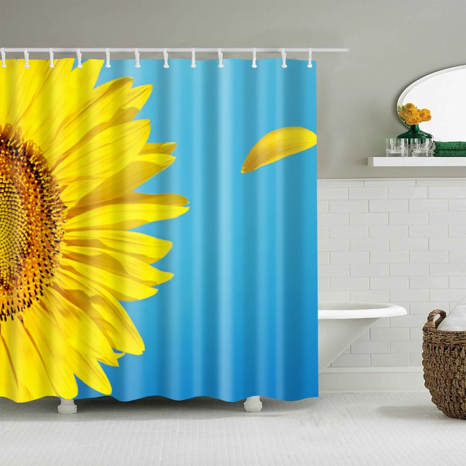 Tropical Green Plant Palm Leaf Cactus Sunflower Seaside Scenery Coconut Tree Frabic Polyester Shower Curtain Bathroom Curtain
