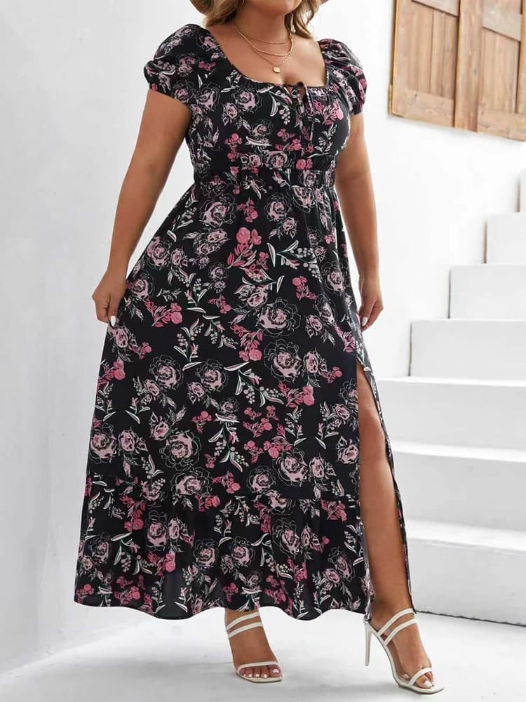 Women Plus Size Floral Maxi Dress Elastic High Waist Loose Square Neck Puff Sleeve Split Dress Casual All-Season Streetwear