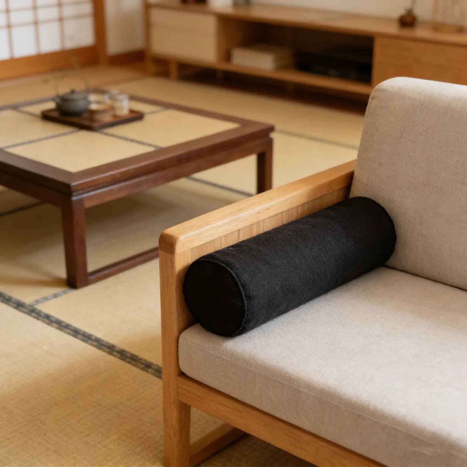 Cylindrical cushion cover in cotton and linen 40x15x15cm, reusable, round, for sofa, bed, travel, black, for cervical cushion