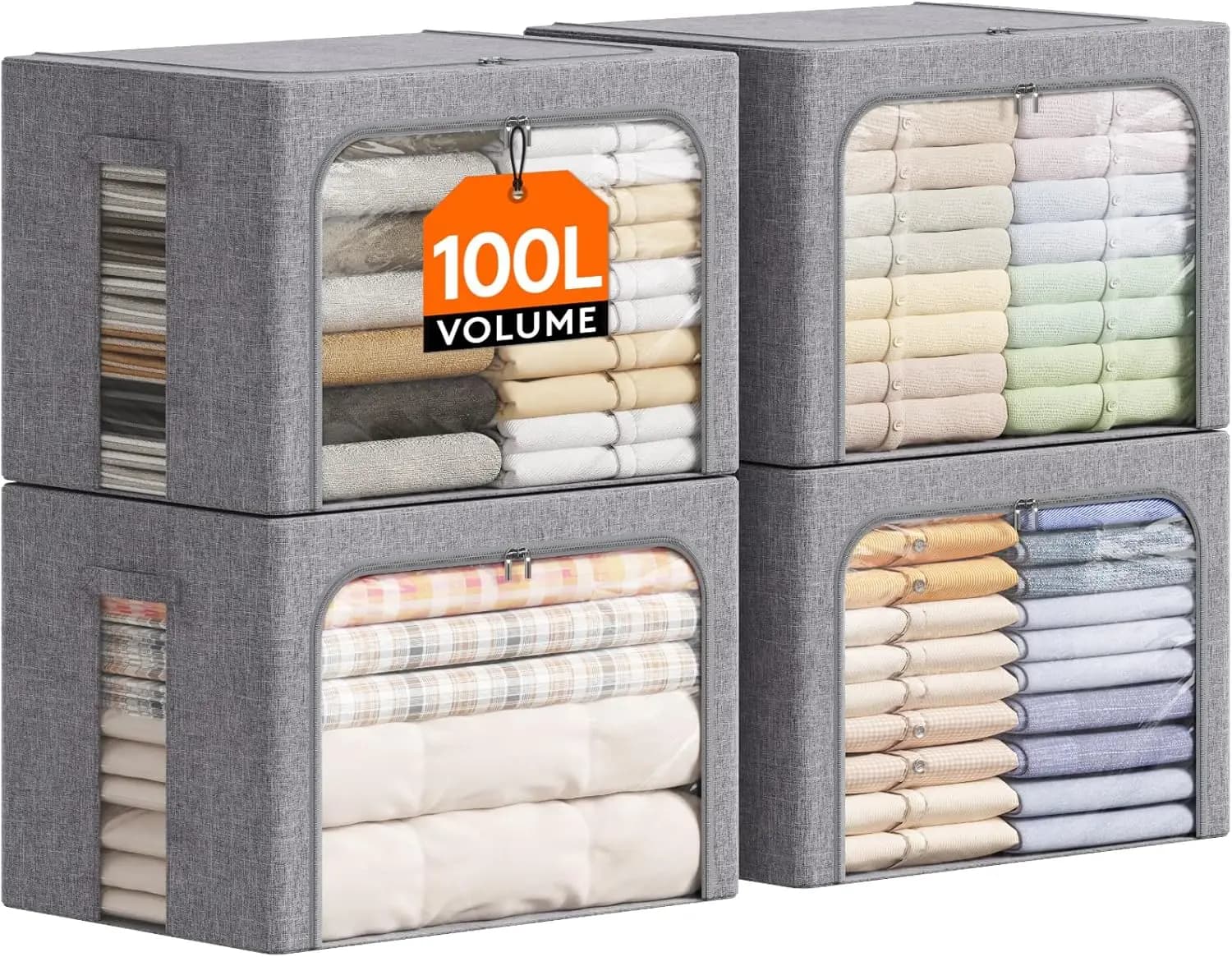 Contenitori Pieghevoli e Impilabili con Telaio in Metallo, Finestra Trasparente e Cerniere, Organizer in Tessuto da 100L con Coperchi e Maniglie, Set da 4