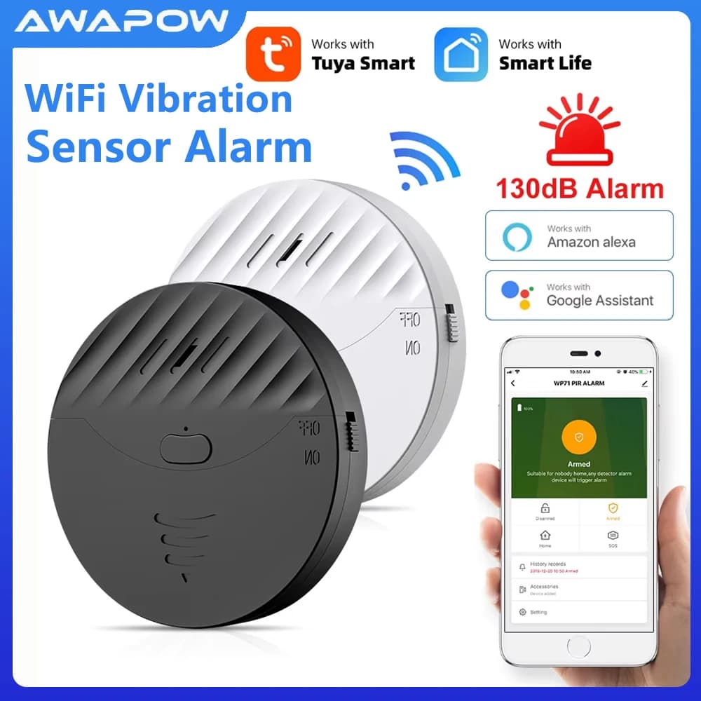 Awapow Tuya WiFi sensore di vibrazione allarme porta finestra rilevatore di vibrazioni Wireless 130dB suono per sistema antifurto di sicurezza domestica