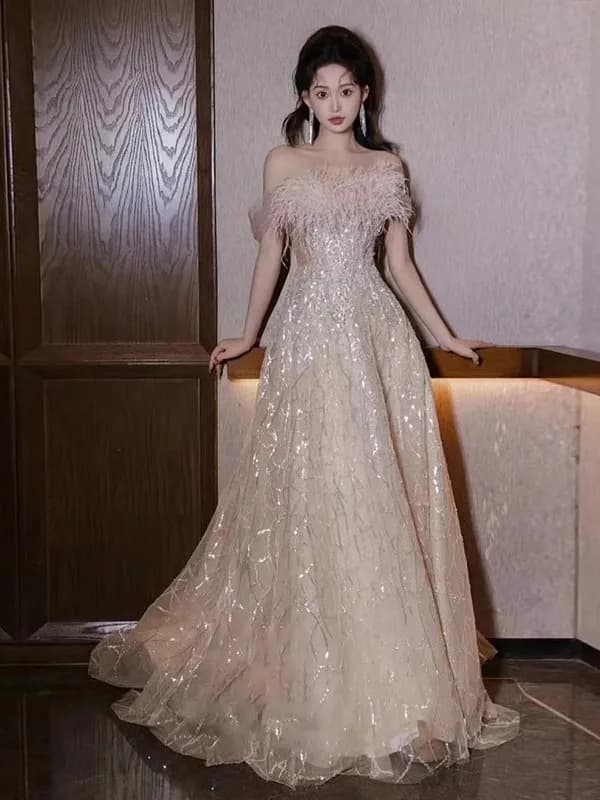Abito da sera monospalla da donna per matrimonio, stile principessa, con perline, gonna lunga a vita media, senza maniche, scintillante
